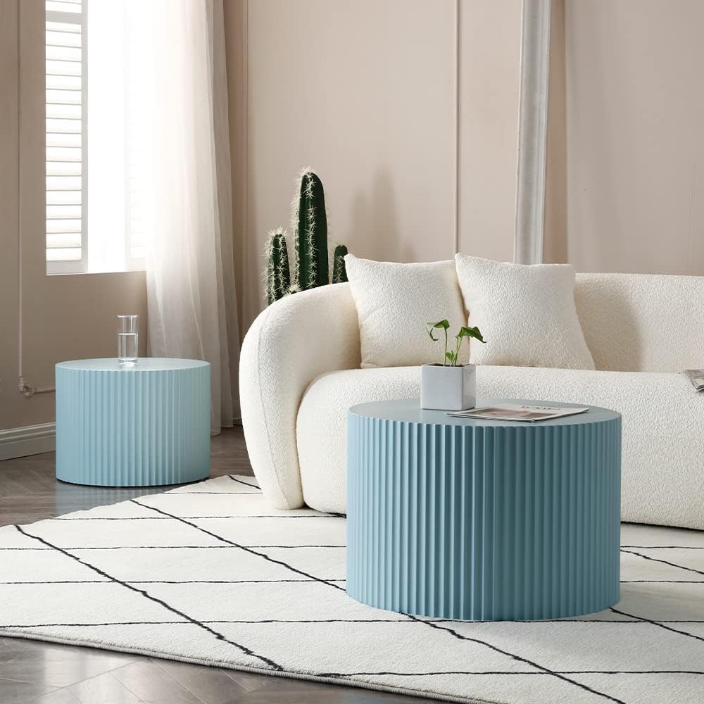 WILLIAMSPACE Nesting Coffee Table Set of 2, Matte Blue Round Wooden Coffee Tables, Modern Luxury Side Tables Accent End Table for Living Room Apartment, 23.62'*23.62'*15.75'H (Blue-Round)