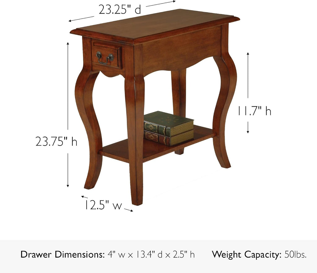 Leick Home 9018-BR One Drawer French Cabriole Leg Side Table with Shelf, Brown Cherry
