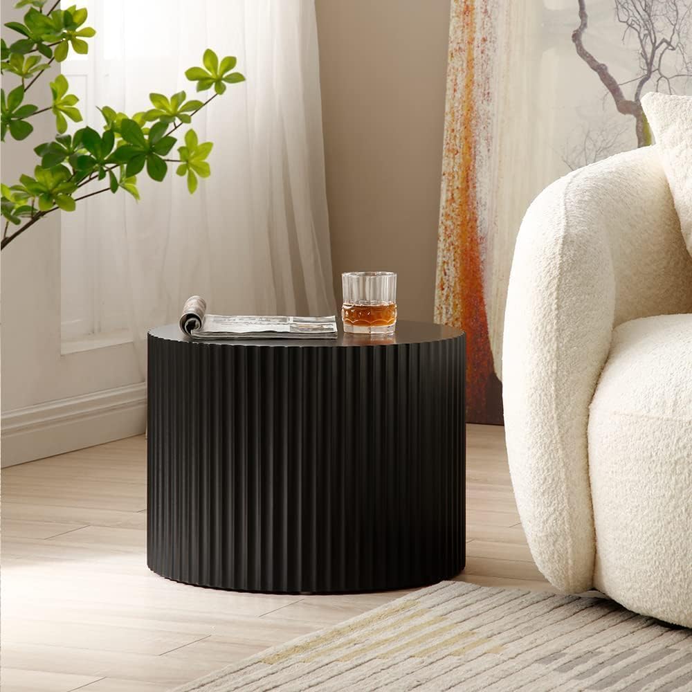 Nesting Coffee Tables Set of 2, 23.6' Round Coffee Tables for Living Room, Modern Fluted Tea Tables, Wooden Drum Accent Tables for Living Room, No Assembly Required - Black