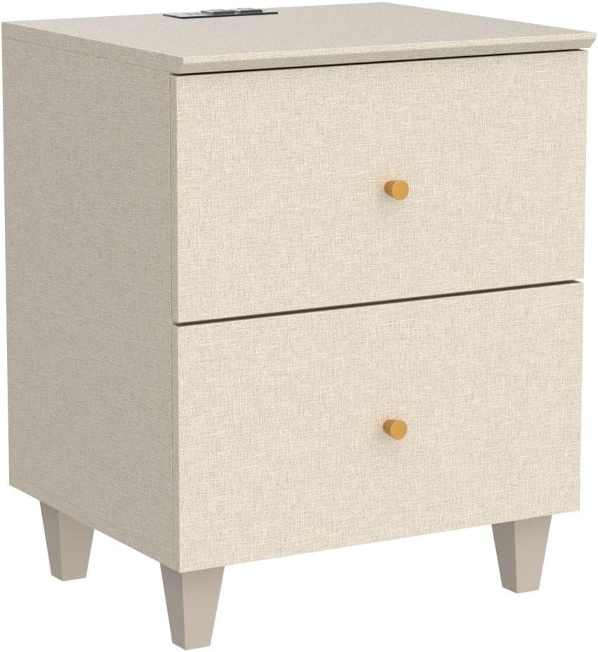 WAMPAT Set of 2 Nightstands with Charging Station&2 Drawers Storage, Modern End Tables Mid-Century Wood Bedside Tables with 2 AC Outlets & USB Ports for Living Room, Bedroom, Beige Faux Linen