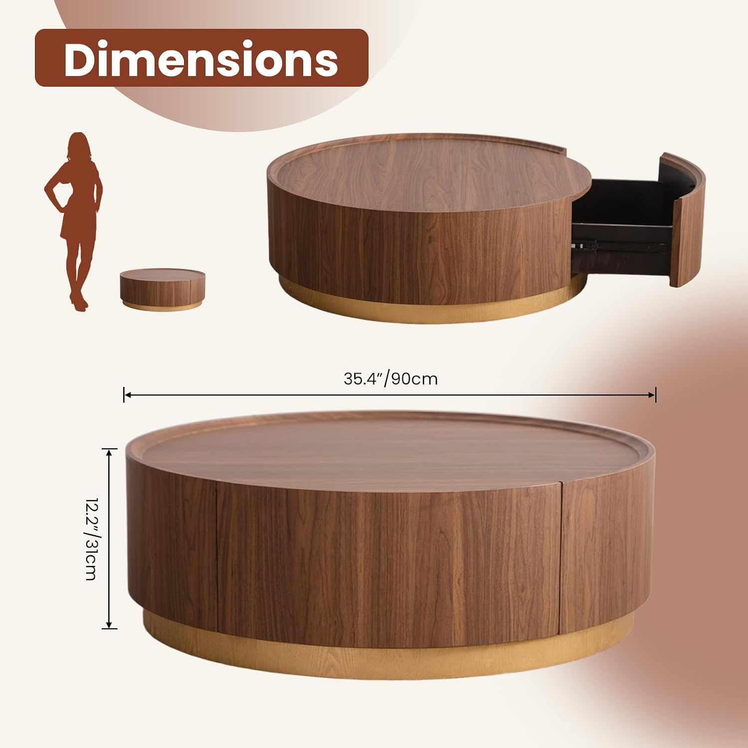 35.4' Round Coffee Table with Storage, Mid Century Modern Coffee Table with Hidden Drawer, Wooden Circle Center Tables, Drum Accent Tea Tables for Living Room Small Spaces (Walnut with Drawer)