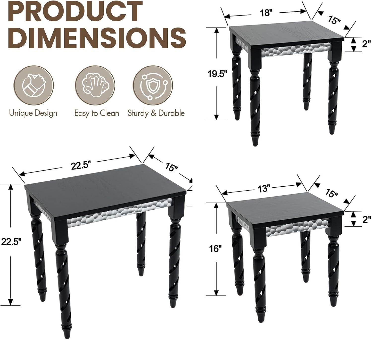 Hyfirm Black Nesting Tables Set of 3 - Mid Century Modern Accent End Tables with Durable Veneered Top, Spiral Wood Legs & Hexagonal Silver Apron, Ideal for Living Room, Bedroom & Small Apartments