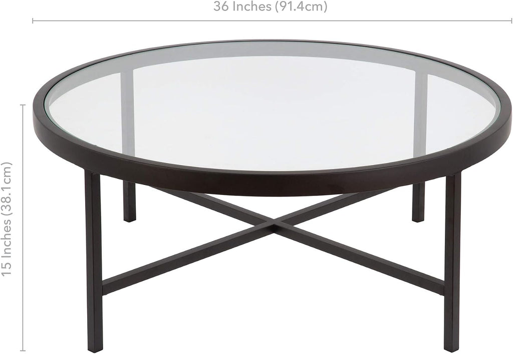 Henn&Hart 36' Wide Round Coffee Table with Glass Top in Blackened Bronze, Modern coffee tables for living room, studio apartment essentials