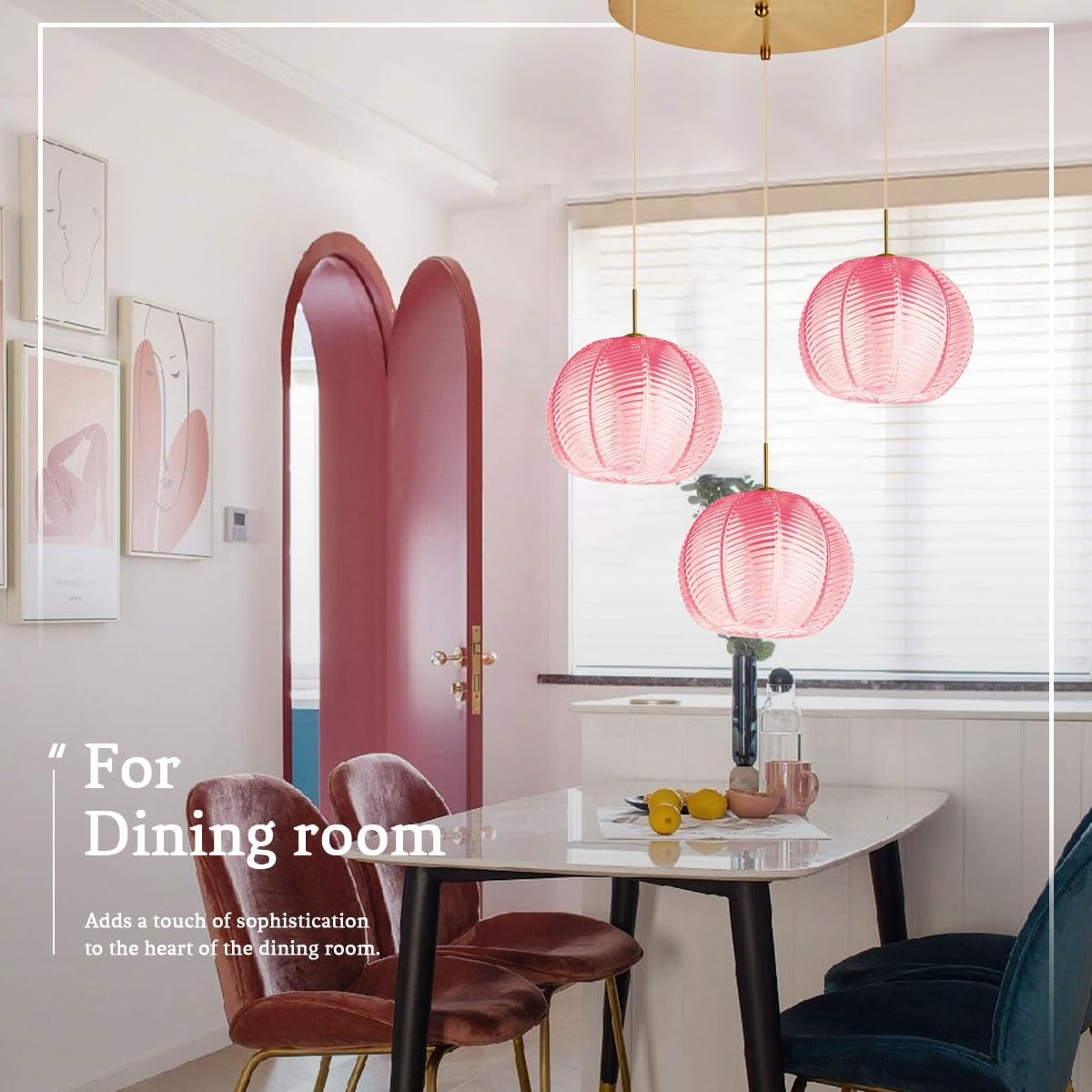 Cluster Chandelier 3-Lights Gold Pink Pendant Light Fixtures Glass Globe Chandeliers Dining Room Classic Glass Ball 8.6' Shade Adjustable Height Mid Century Modern Chandelier