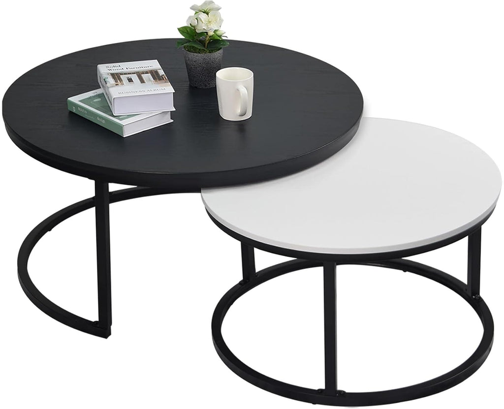 WiberWi Round Coffee Table, Nesting Tables Set of 2, Large : Ø 34.0', Small : Ø 26.0', Modern Design Furniture Side End Table for Living Room, Metal Frame Sofa Table Cocktail Table, Black & White