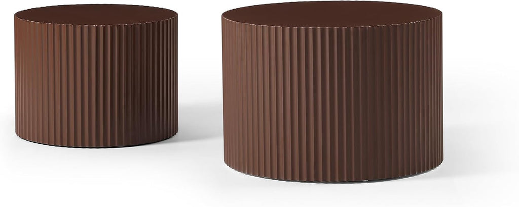 Nesting Coffee Table Set of 2, 23.6 inch Round Coffee Tables, MDF Nesting Tables with Roman Column Design, Modern Handcrafted Wooden Drum Accent Tables for Living Room - Dark Brown