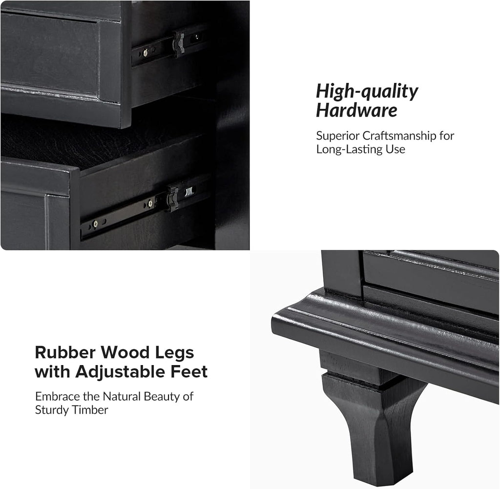 HULALA HOME Farmhouse 3 Drawer End Table with Tray, Drawer Organizer with Solid Wood Legs, End Table with Charging Station（Black, Set of 2）