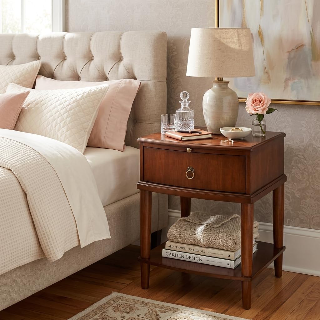 Set of 2Wood Side End Table with Tray Extension and Storage Drawers,Sofa Side Table with Round Legs,No-Tools Assembly,Telephone Table for Living Room,17.7'L x 19.7'W x 22.8'H Beeswax CJZ-A1569-MG