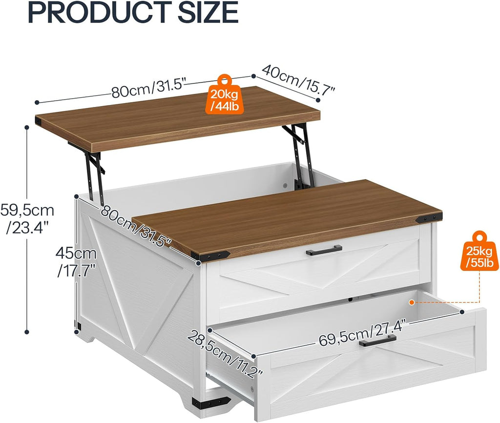 HOOBRO Lift Top Coffee Table with Storage, 31.5' Large Square Coffee Table with 2 Drawers, Large Hidden Space, White Farmhouse Center Table for Living Room, Home Office, White and Walnut WH45KF01