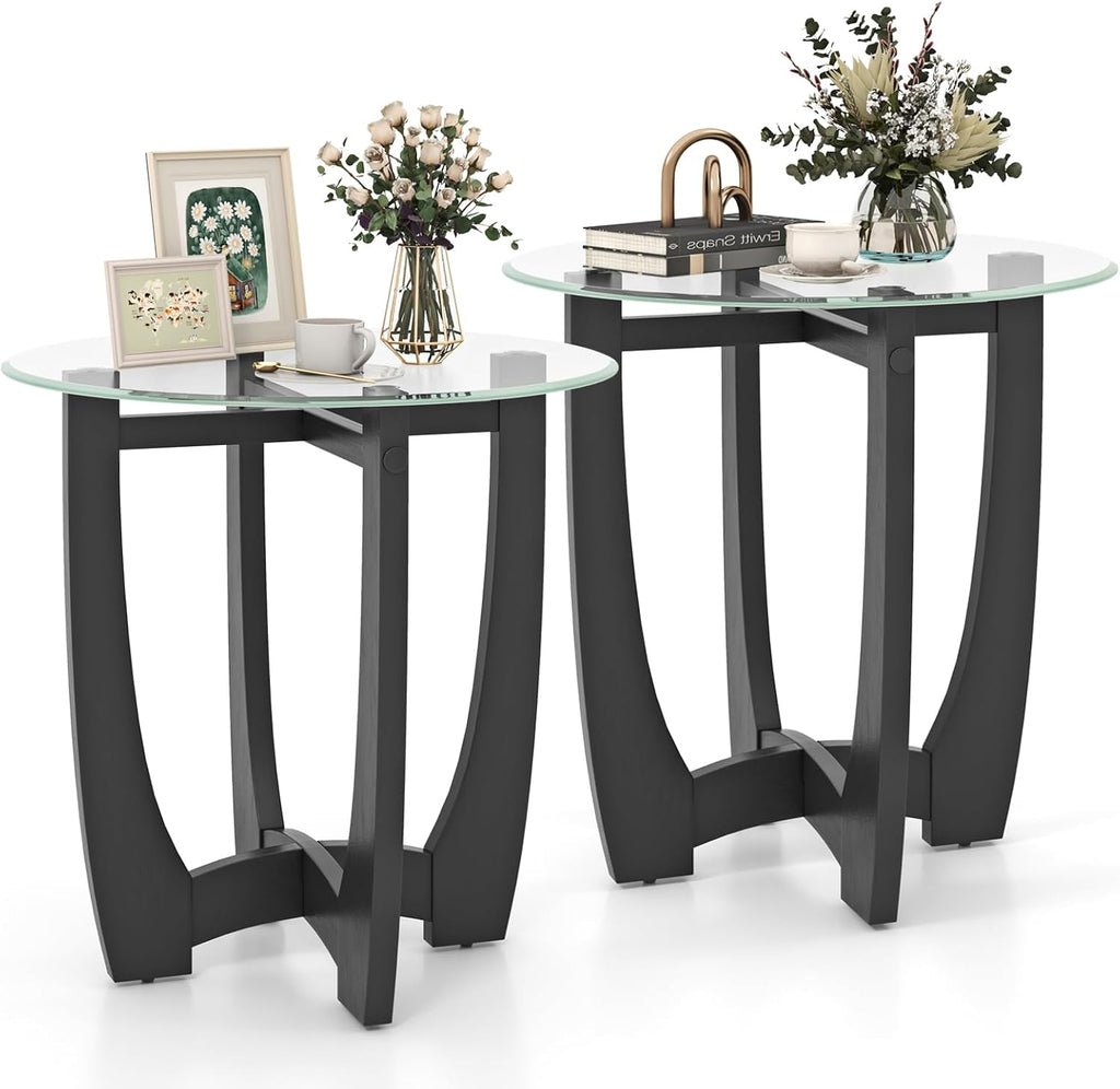 Giantex Glass End Tables Set of 2, Round Side Tables with Rubber Wood Frame & Tempered Glass Top, 23.5' Small Black Coffee Table, Modern Glass Nightstand for Living Room Balcony Bedroom, Easy Assembly