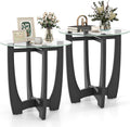 Giantex Glass End Tables Set of 2, Round Side Tables with Rubber Wood Frame & Tempered Glass Top, 23.5' Small Black Coffee Table, Modern Glass Nightstand for Living Room Balcony Bedroom, Easy Assembly