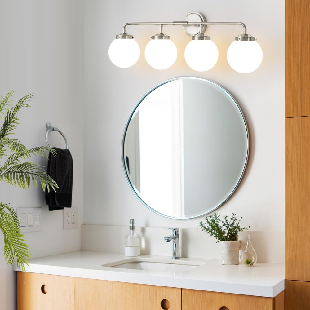Bathroom Light Fixtures Over Mirror, Brushed Nickel Modern Vanity Lighting with Milk White Glass Globe Shades 4-Light Farmhouse Wall Sconce