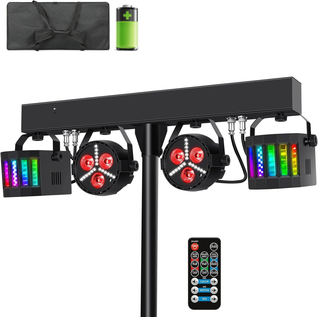 Telbum Rechargeable DJ Lights with Stand Wireless DJ Gig Bar Light Package Battery Powered Sound Activated LED Stage Lighting System with Bag DMX & Remote for Party Club Shows Booth Band Wedding