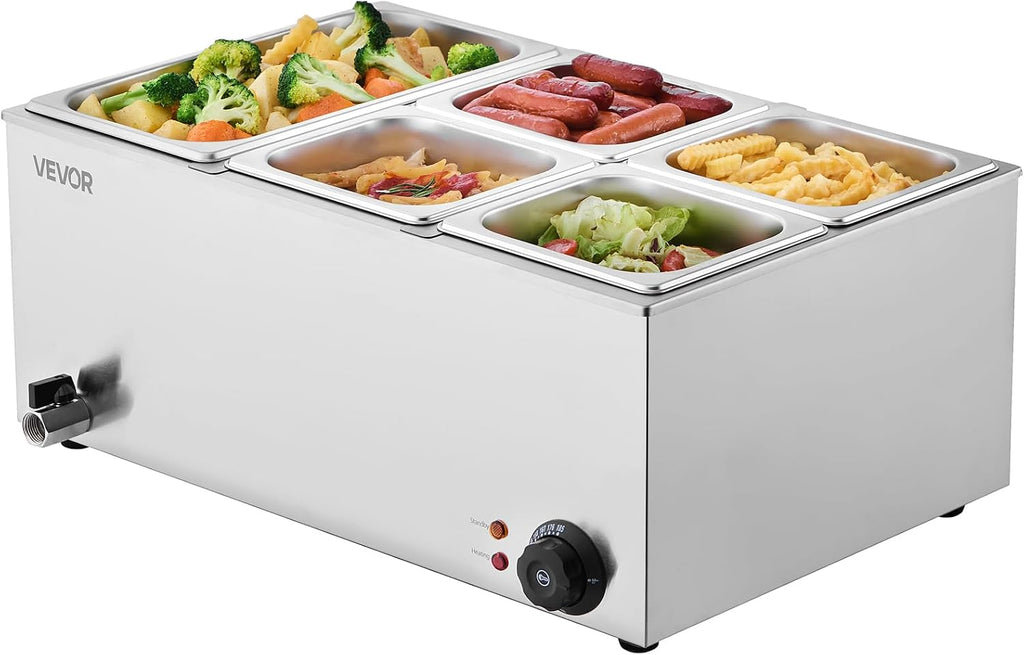 VEVOR 24QT Commercial Food Warmer, 5-Pan Electric Steam Table, 1200W Professional Countertop Stainless Steel Buffet Bain Marie with 86-185°F Temp Control for Catering, Buffet, Parties, Restaurants