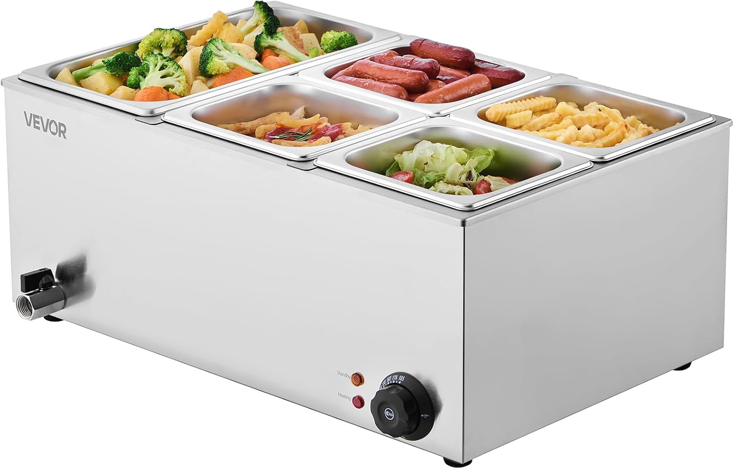 VEVOR 24QT Commercial Food Warmer, 5-Pan Electric Steam Table, 1200W Professional Countertop Stainless Steel Buffet Bain Marie with 86-185°F Temp Control for Catering, Buffet, Parties, Restaurants