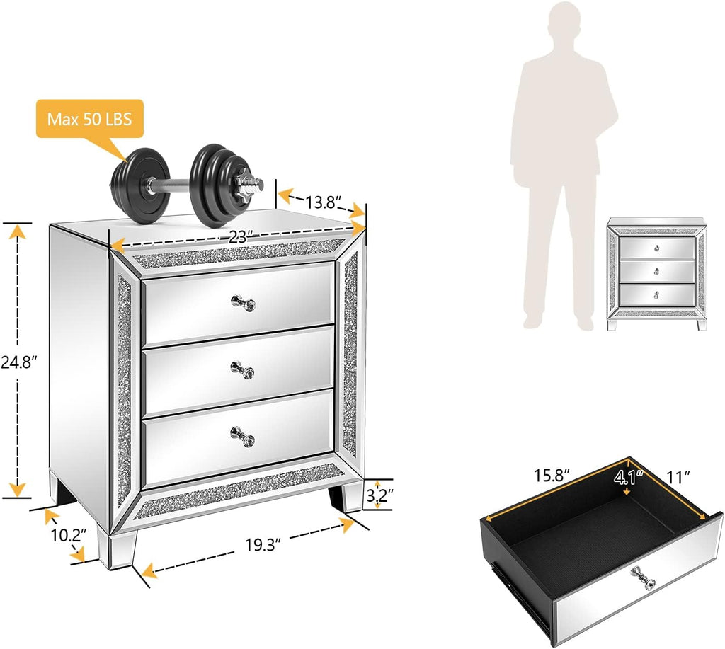 VINGLI Mirrored Nightstands Set of 2, 23' W Glass Mirror Night Stand Set of 2, Modern Bedside Table 3 Drawer Glass Side End Table Silver Dresser for Bedroom, 23'W x 13.8'D x 24.8'H