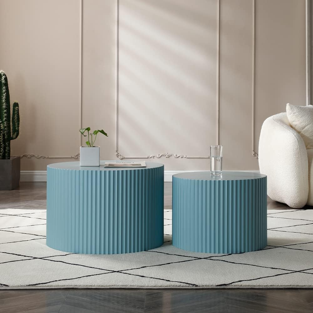WILLIAMSPACE Nesting Coffee Table Set of 2, Matte Blue Round Wooden Coffee Tables, Modern Luxury Side Tables Accent End Table for Living Room Apartment, 23.62'*23.62'*15.75'H (Blue-Round)