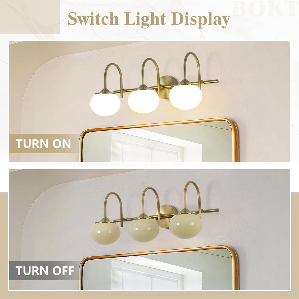 BOKT Modern 3-Light Bathroom Vanity Light Cream Yellow Glass Wall Sconces Vintage Vanity Lights Fixtures Over Mirror Gold Globe Bath Wall Sconce Bedroom Wall Mounted Sconces