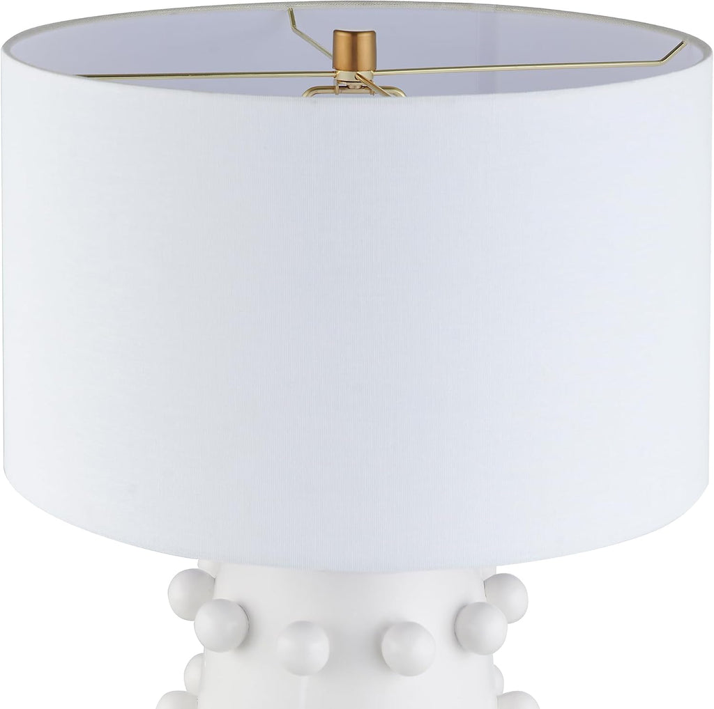 Henn&Hart 25.5'' Modern 1-Light Ceramic Table Lamp with Spherical Orbs on Lamp Body with White Fabric Drum Shade for Living Room, Bedroom, or Office, Matte White