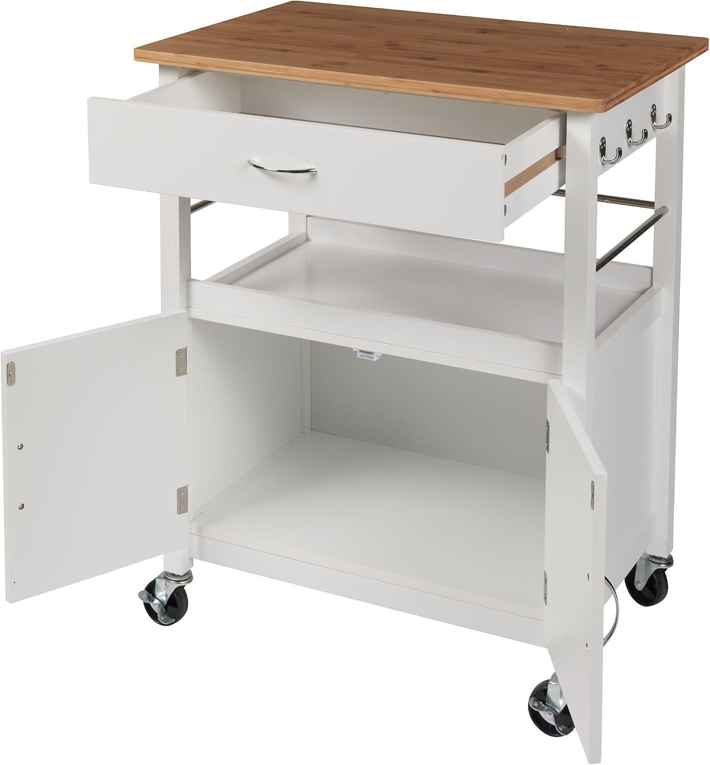 eHemco Kitchen Island Cart on Wheels with Drawer, Storage Cabinet, Shelf and Natural Bamboo Top Butcher Block, White Base | Drawer, Storage Cabinet, Shelf, Butcher Block