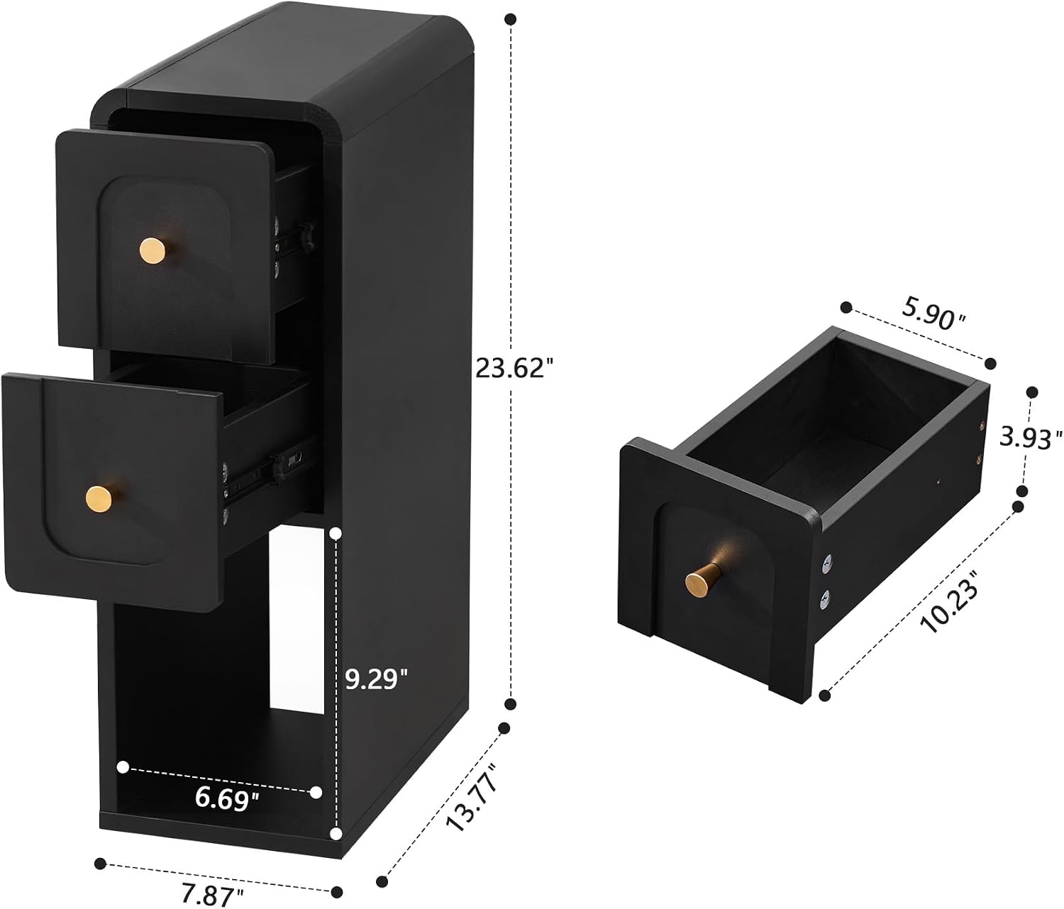 Small Nightstand Set of 2, Wooden Narrow Nightstands with 2 Drawers, Vintage Side End Table for Small Spaces, Skinny Night Stand, Bedside Table for Bedroom, Living Room (Black-2PCS)
