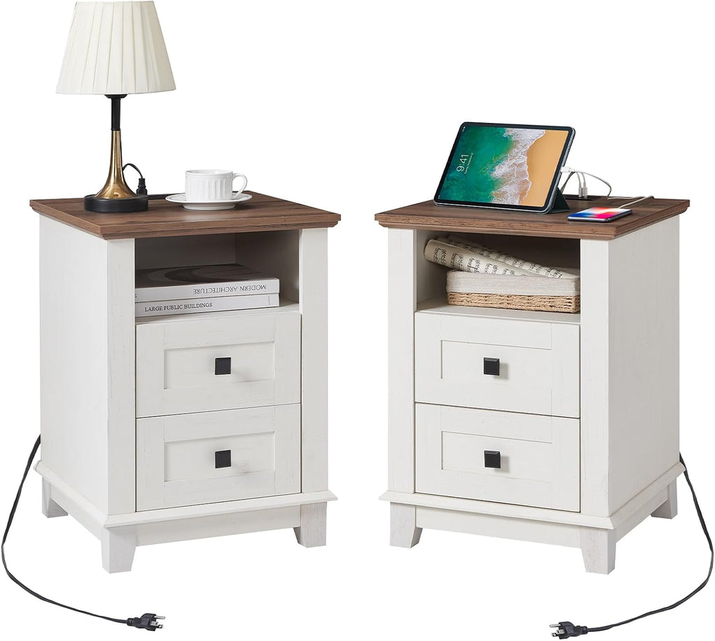 AMERLIFE 18' Farmhouse Nightstand Set of 2, End Table with Charging Station, with 2 Storage Drawers, Bedside Table with USB Ports, Rustic White