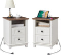 AMERLIFE 18' Farmhouse Nightstand Set of 2, End Table with Charging Station, with 2 Storage Drawers, Bedside Table with USB Ports, Rustic White