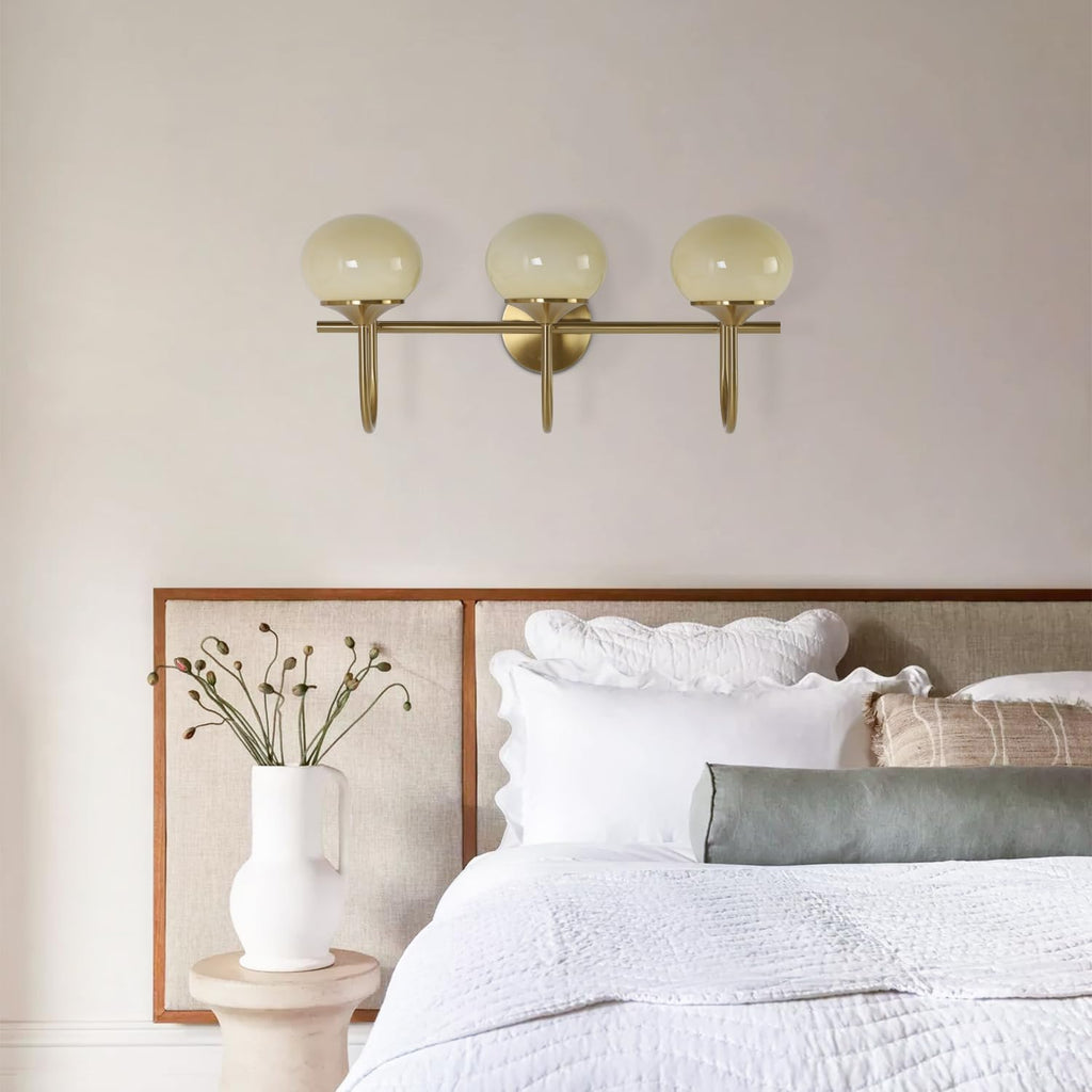 BOKT Modern 3-Light Bathroom Vanity Light Cream Yellow Glass Wall Sconces Vintage Vanity Lights Fixtures Over Mirror Gold Globe Bath Wall Sconce Bedroom Wall Mounted Sconces