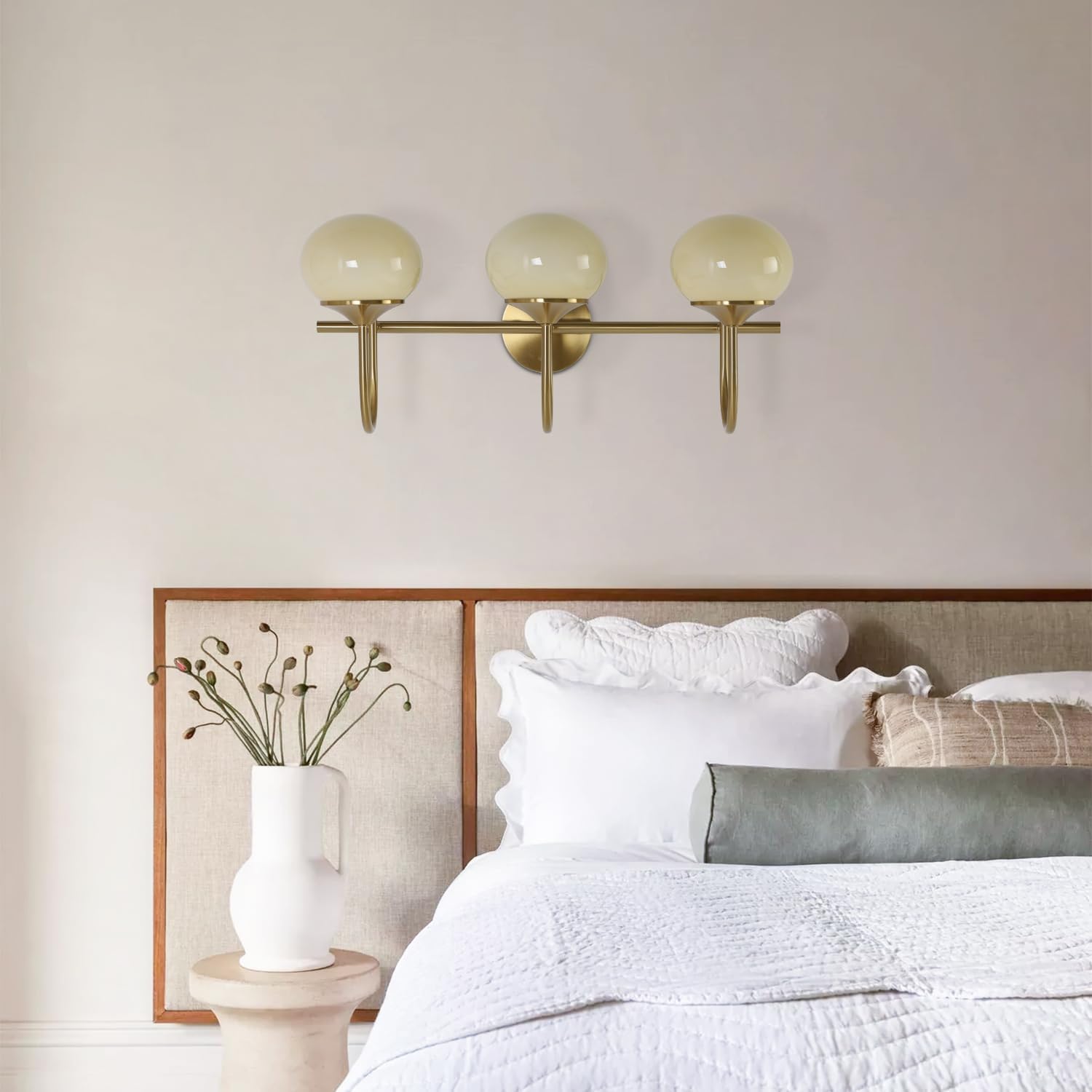 BOKT Modern 3-Light Bathroom Vanity Light Cream Yellow Glass Wall Sconces Vintage Vanity Lights Fixtures Over Mirror Gold Globe Bath Wall Sconce Bedroom Wall Mounted Sconces