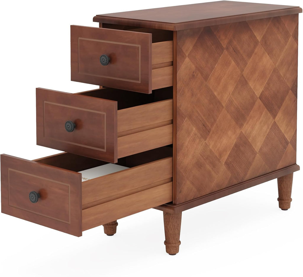 LITTLE TREE Fully Assembled End Table, Set of 2 Narrow Side Table with 3 Drawers, Pre-Assembled Nightstand Slim Bedside Table for Small Spaces, Living Room, Bedroom, Brown