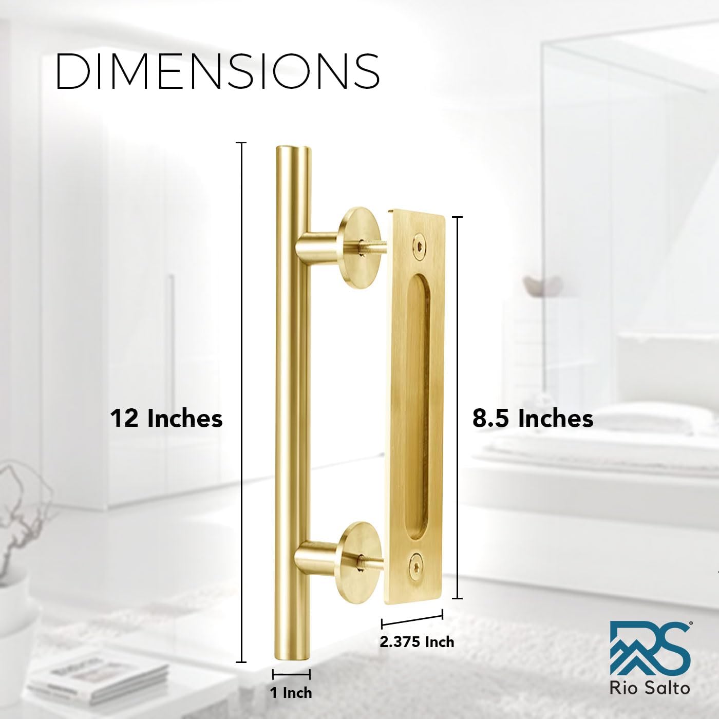 Rio Salto Gold Barn Door Hardware Kit Sliding Door Hardware Modern Barn Interior Closet Pantry Brushed Brass Panel Hardware with Handle Bar and Floor Guide (Hardware Kit Plus, 4ft 11in - NO Door)