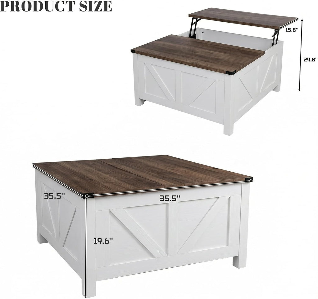 35' Farmhouse Coffee Table with Large Storage, Rustic Wood Lift Top Coffee Table for Living Room, Square Center Table with Charging Station&USB, Modern Port Pottery Barn Lift top Table