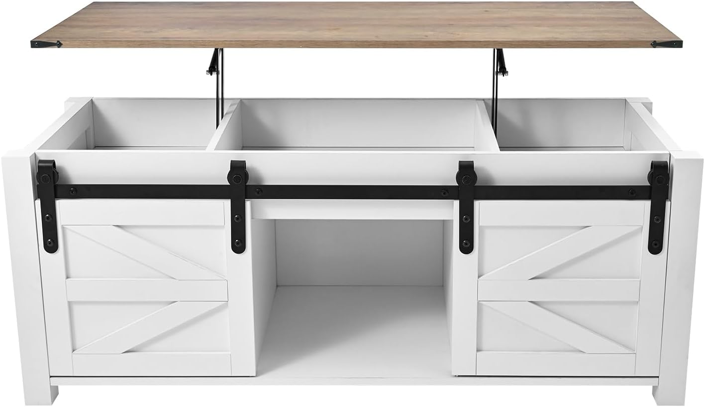 VEVOR 47.2'' Farmhouse Lift Top Coffee Table with Sliding Barn Door, Rustic Center Table with Hidden Storage Compartment, Rectangle Lifting Large Tabletop for Living Room, Office, Easy Assembly, White