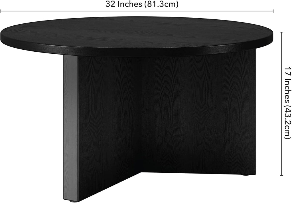 Henn&Hart 32' Round Wood Pedestal Coffee Table for Living Room, Family Room, Office, or Apartment, Natural Black