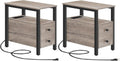 HOOBRO Set of 2 End Tables with Charging Station, Narrow Side Table with Drawers & USB Port & Power Outlets, Nightstand for Small Spaces, Living Room, Stable, Greige and Black BG541BZP201