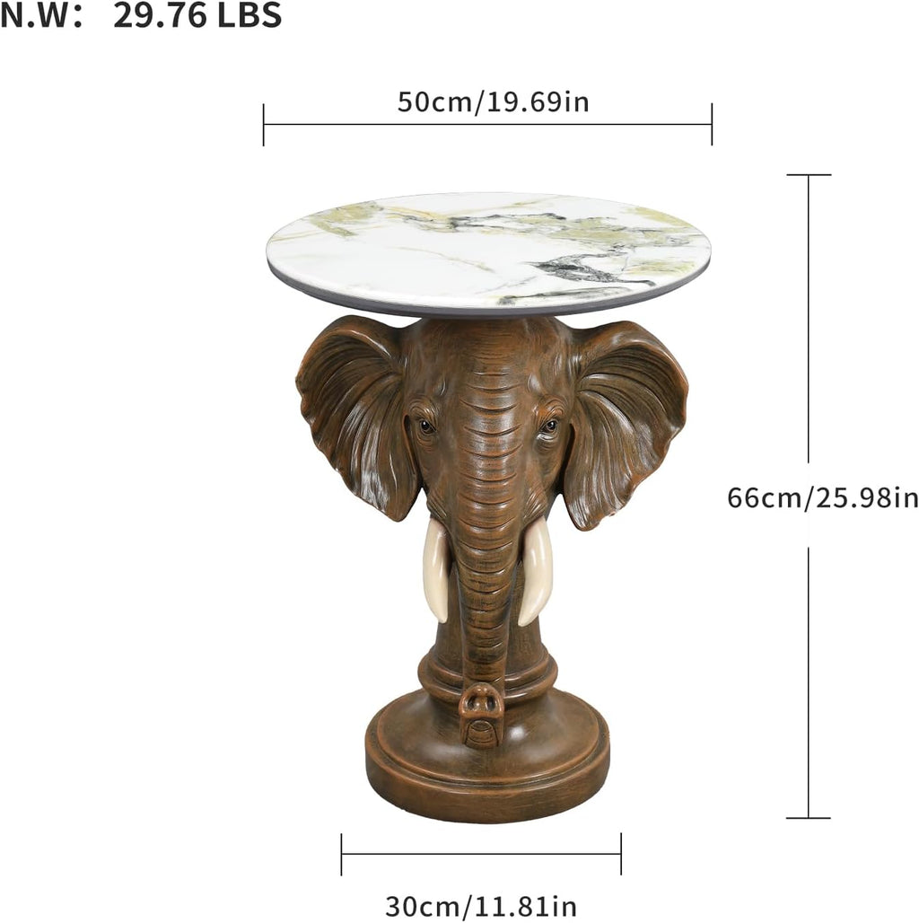Elephant Sculptural Side Table, 19.69' W x 25.98' H Faux Marble Top, Animal End Table, Unique Accent Table for Living Room,Bedroom, Gift for Housewarming
