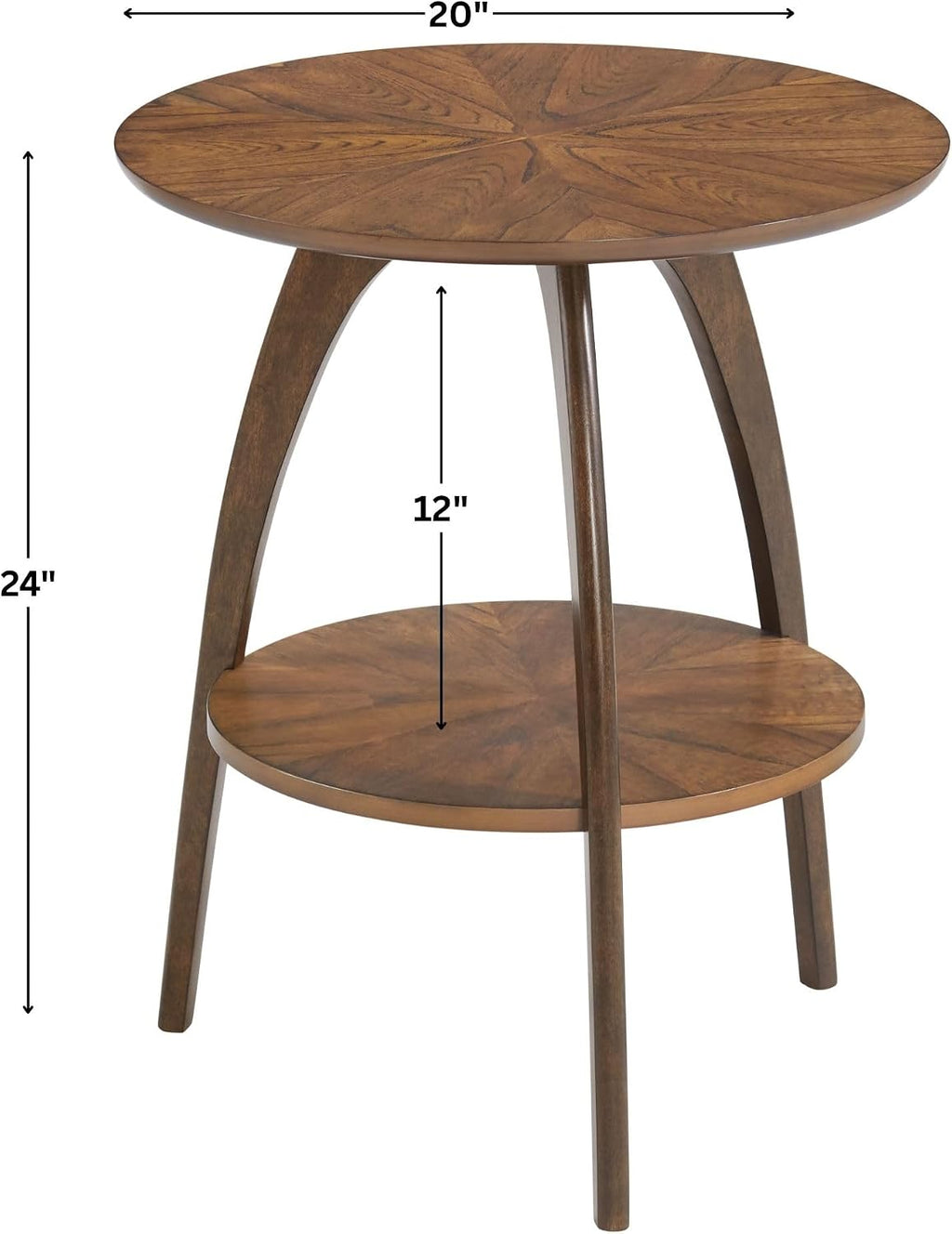 Retro Mid-Century Modern Round Wood End Table, Solid Grain Side Table with Lower Shelf, Small Accent Table for Living Room or Nightstand. Nutmeg Brown Top with Espresso Brown Legs