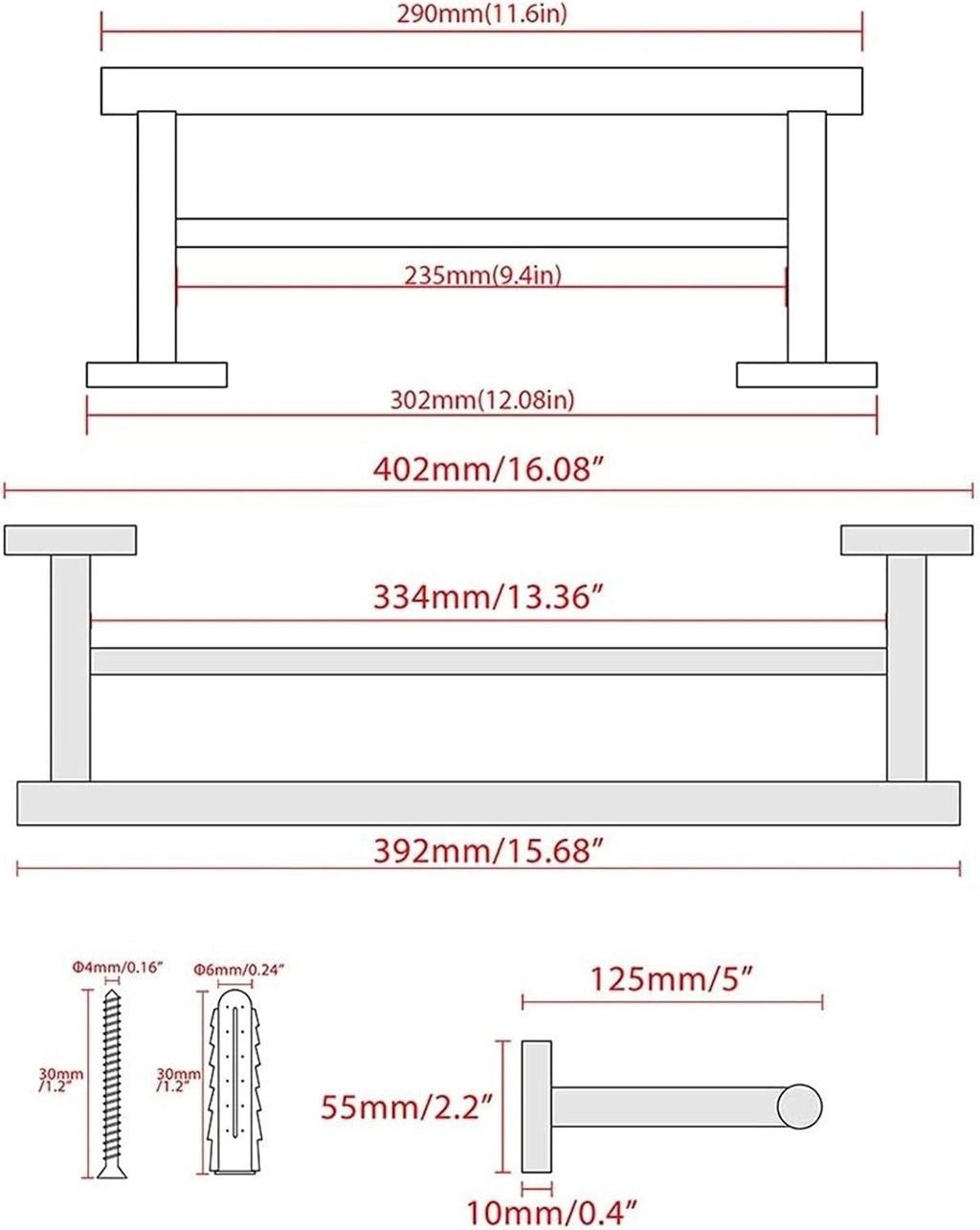 Bathroom Shelves Towel Rail Rack 30cm/40cm Double Towel Rail, SUS304 Stainless Steel Bathroom Hand Towel Holder, Chrome Towel Bar Ring, Wall Mounted Storage Rack for Bathroom