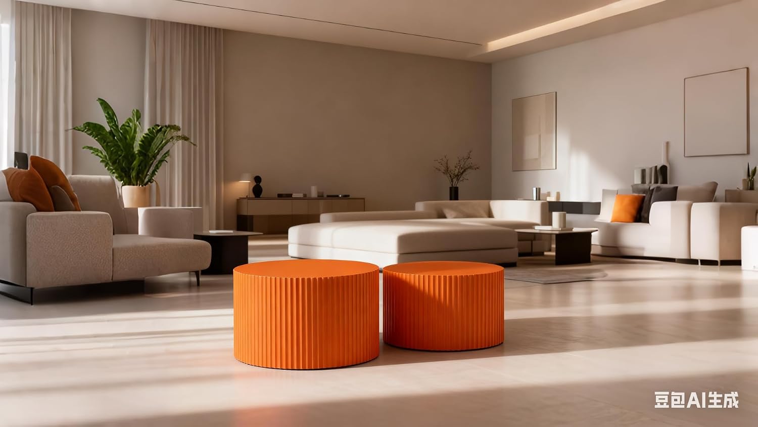 Nesting Coffee Table Set of 2, 23.6 inch Round Coffee Tables, MDF Nesting Tables with Roman Column Design, Modern Handcrafted Wooden Drum Accent Tables for Living Room - Orange