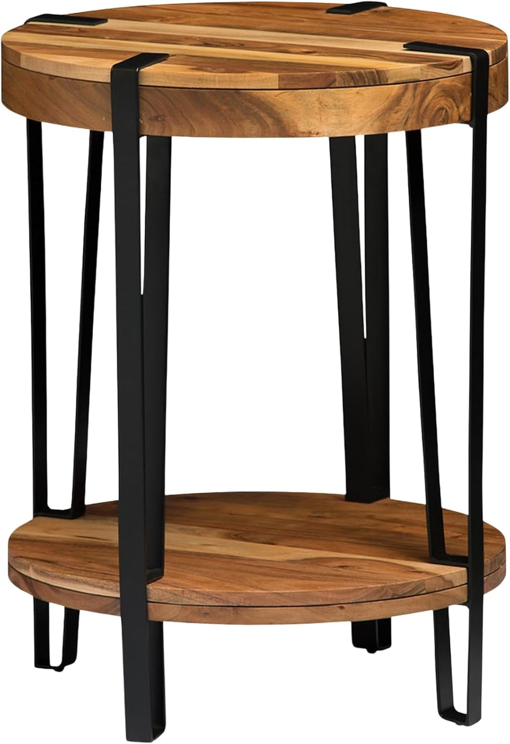 Ryegate 2-Tier Round Acacia Wood & Metal End Table with Bottom Shelf – Rustic Modern Accent Table with Live Edge, Natural Finish and Metal Straps for Living Room or Bedroom by Alaterre Furniture