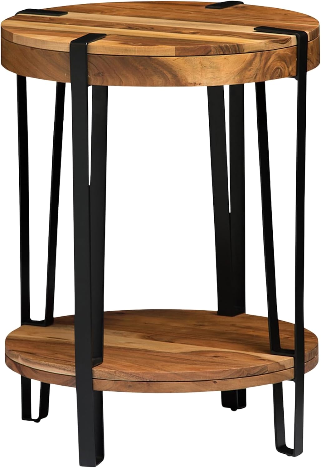 Ryegate 2-Tier Round Acacia Wood & Metal End Table with Bottom Shelf – Rustic Modern Accent Table with Live Edge, Natural Finish and Metal Straps for Living Room or Bedroom by Alaterre Furniture