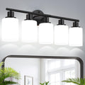 5-Light Bathroom Light Fixtures, Black Modern Vanity Lights with Milky White Frosted Glass Shades, Bathroom Wall Lamp, Clear Glass Shade, for Mirror, Living Room, Kitchen, Hallway, Cabinet, Porch