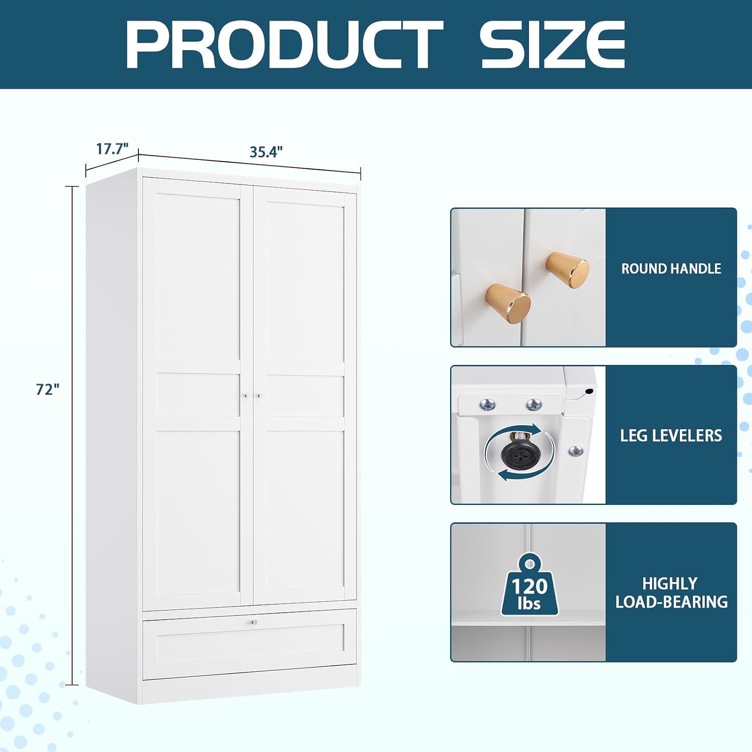 MIIIKO Wardrobe Closet with Drawer, 2 Doors Clothes Cabinet, 72' Metal Storage Cabinets with Hanging Rod, Bedroom Armoires Laundry Room and Office Clothes Storage Organizer Cabinets