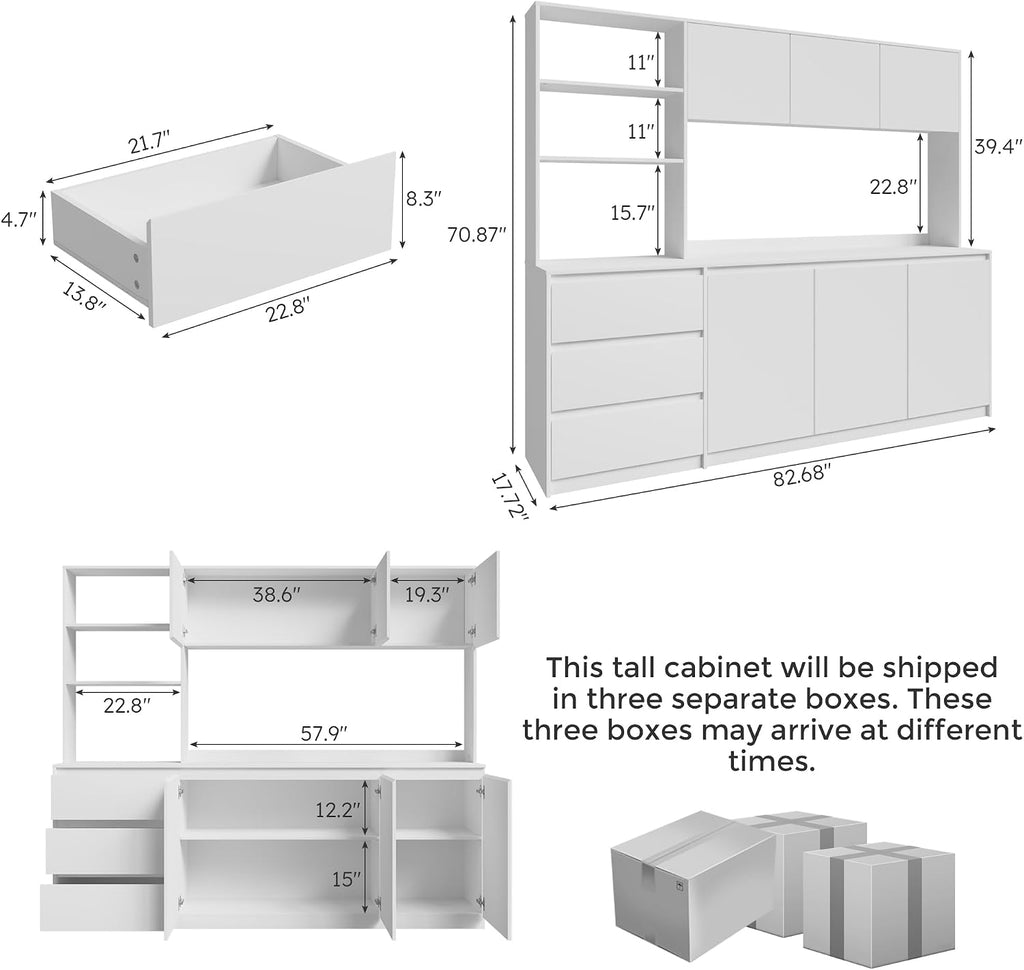 Bobve Large Kitchen Hutch Cabinet with Microwave Stand, Storage Cupboard Pantry with 3-Tier External Shelves and 3 Drawers, Ktichen Food Pantry with Open Countertop for Dining Room, White