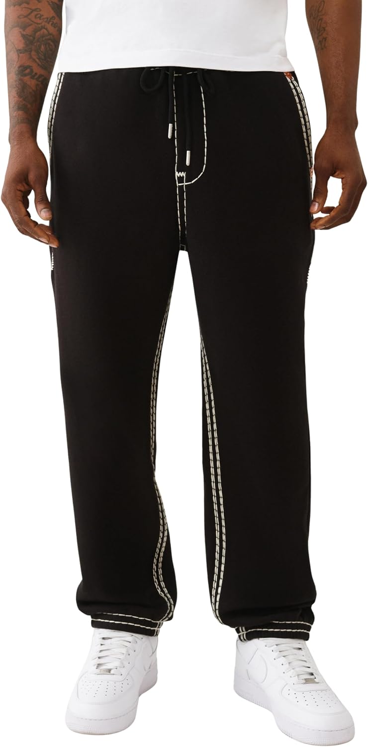 True Religion Super QT Men's Jogger | Relaxed Fit Sweatpants with Fleece Lining, Super T Stitching