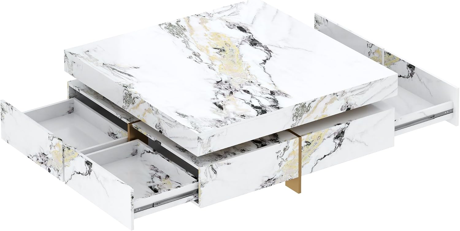 Merax 43.3 Inch Modern Large Square Coffee Table with Marble Textured Top, 4 Built-in Drawers Ample Storage and Floating Suspended Base, Modern Elegance White MDF Storage Center Table for Living Room