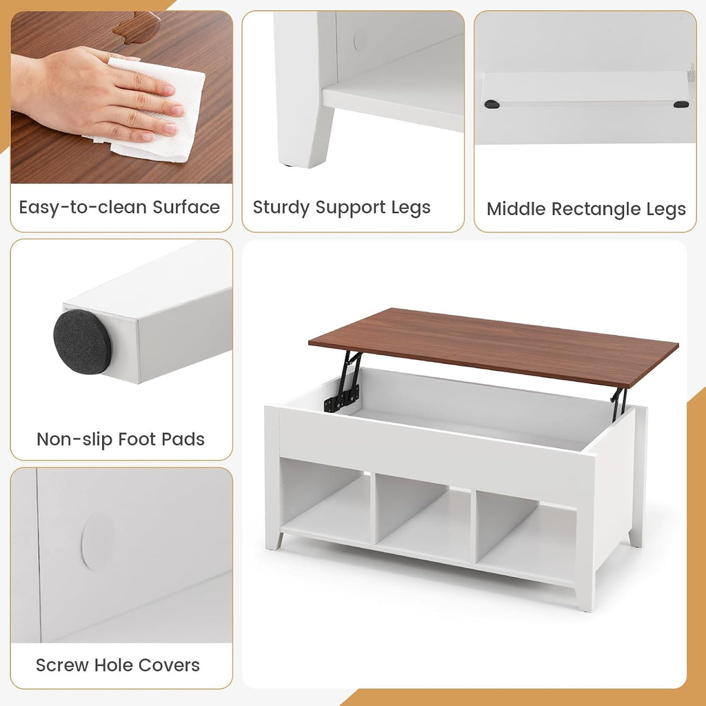 Giantex Lift Top Coffee Table - Rectangular Wooden Table w/Hidden Compartment & Open Storage Shelves, Multifunctional Modern Flip Top Center Table for Living Room, Reception Room, Office (White)