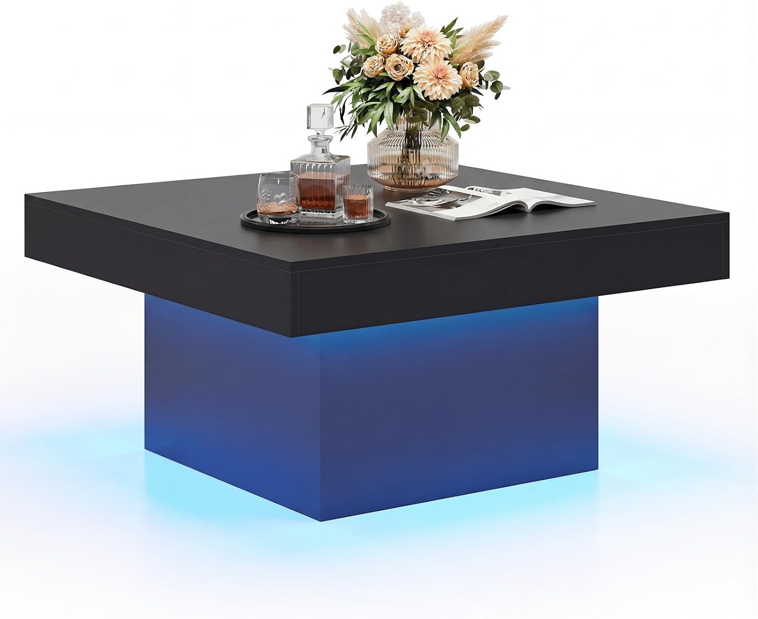 GOFLAME LED Coffee Table for Living Room, 35.5' Square Center Table with Storage, Adjustable Light Colors, Speed & Brightness, Remote Control, Modern High Glossy, Wooden Accent Tea Tables (Black)