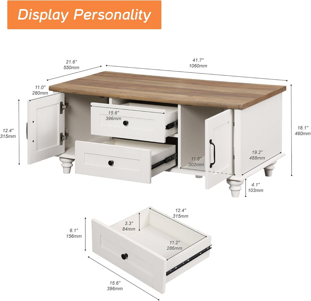 WAMPAT White Coffee Table with Drawers & Storage Cabinet, Modern Rectangle Center Table for Living Room, Rustic Wooden Cocktail Table Tea Table for Home, Office