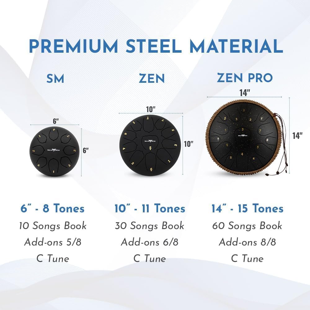 Balmy Drum Steel Tongue Drum 10 inch 11 Notes 440Hz, Handpan Drum with Music Book, Mallets, Carry Bag, Finger Picks, Rain Drum for Outdoor, Meditation Yoga Calming Instruments for Adults Kids (Black)
